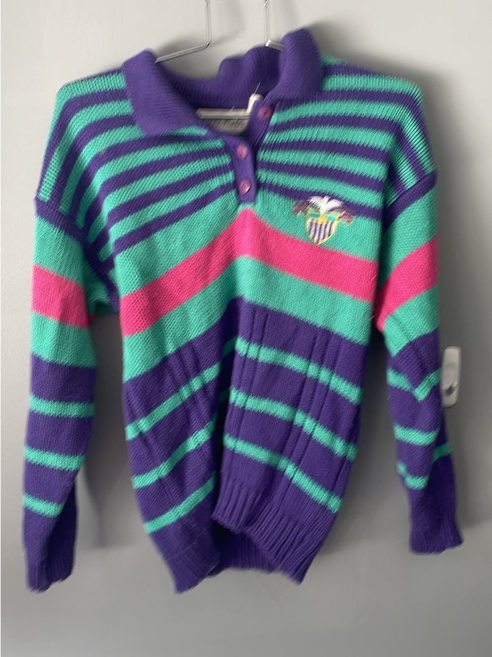 Striped V-Neck Pullover in Purple, Teal & Pink